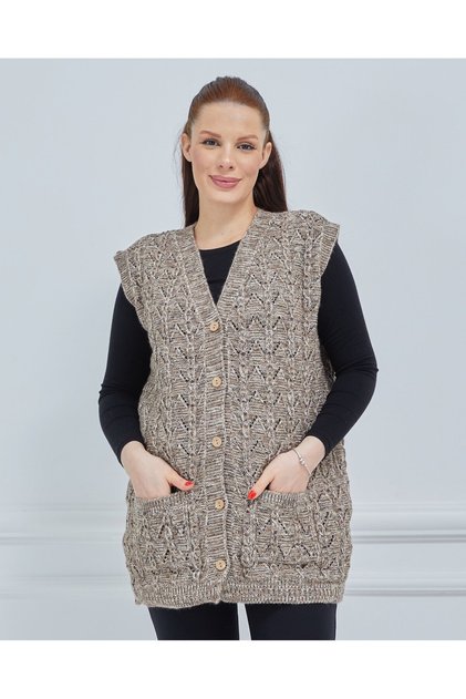 Women's Marl Houndstooth Pattern Thick Winter Knitted Pocketed Knit Mom Vest