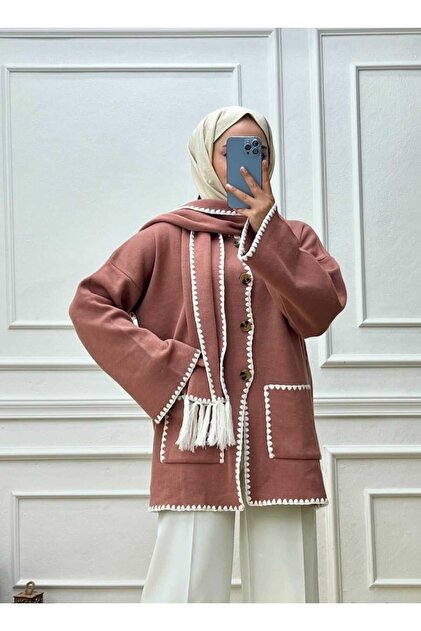 - Nakış Detaylı Atkılı Yumuşak Hırka - Ceket Pudra