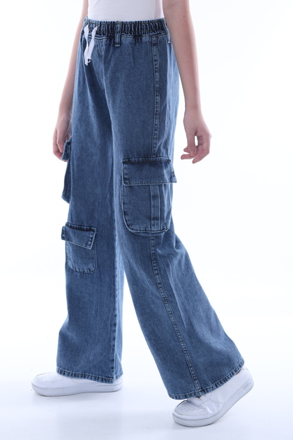Girl's 100% Cotton Cargo Pocket Waist Elastic Jeans