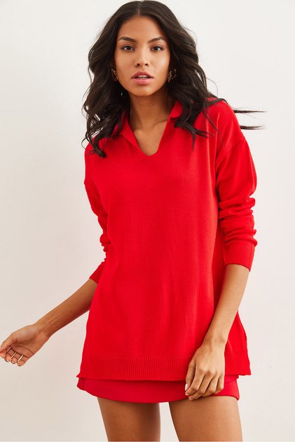Women's Red Polo Collar Basic Knitwear Sweater Kzk- 19000871