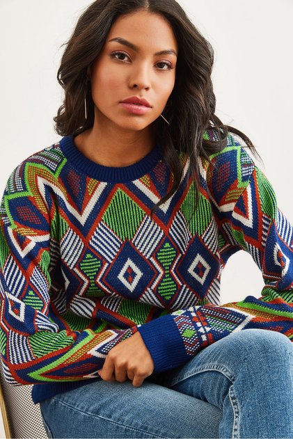 Women's Navy Blue Kilim Pattern Knitwear Sweater Kzk-19000869