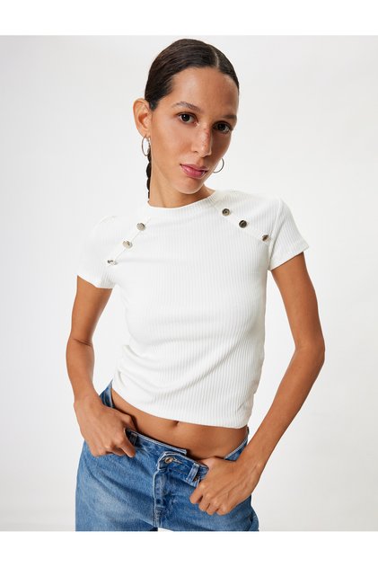 Textured T-Shirt with Button Detail, Crew Neck, Short Sleeve, Slim Fit