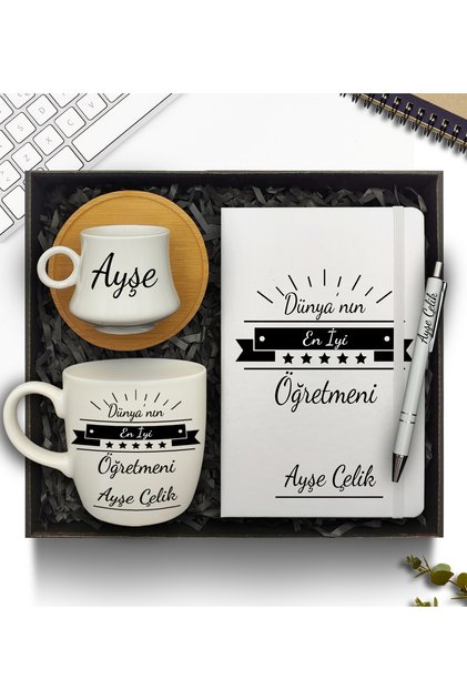 Öğretmenler Günü Temalı Kişiye Özel Defter & Bambu Tabaklı Fincan & Beyaz Kupa & Kalem