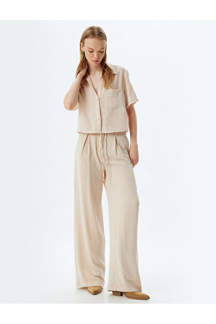 Wide Leg Pants Buttoned Waist Laced Regular Waist