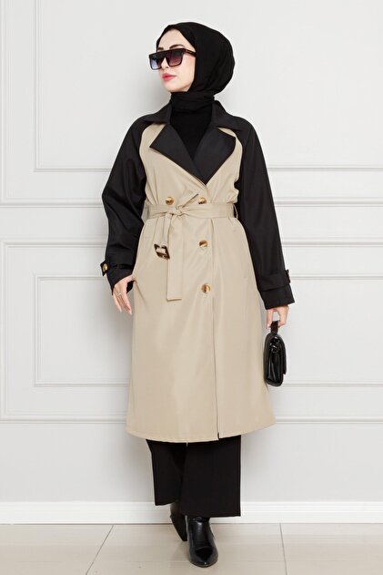 Two-Color Belted Trench Coat-Beige