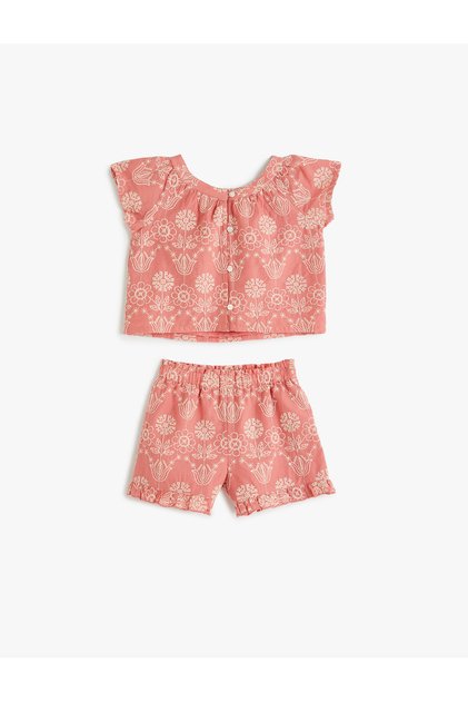 Set tricou și pantaloni scurți brodați cu flori, din bumbac