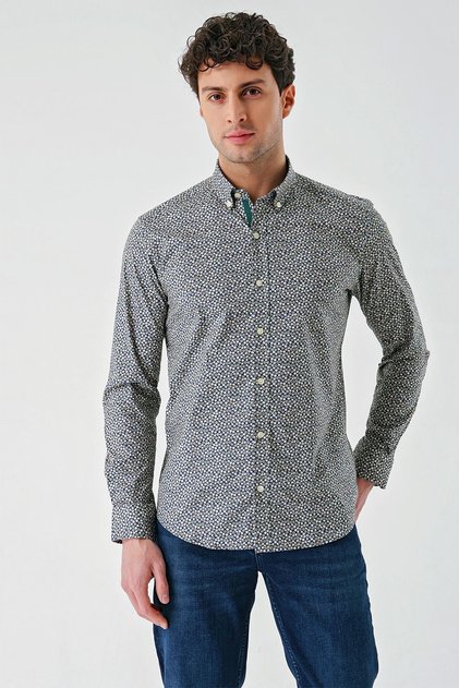 Lacivert Uzun Kollu Baskılı Cepsiz Biyeli Pamuklu Likralı Slim Fit Gömlek 1004240141