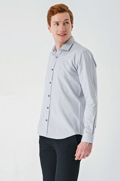 Gray Long Sleeve Oxford Pocketless Cotton Classic Slim Fit Slim Fit Shirt1004240235