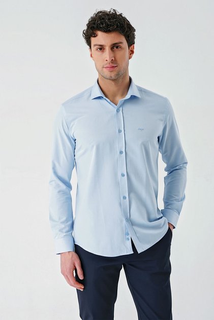 Blue Long Sleeve Oxford Pocketless Cotton Classic Slim Fit Slim Fit Shirt1004240235