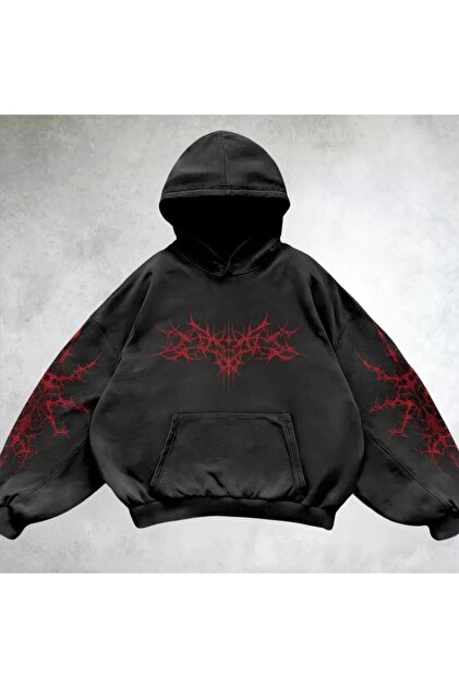 Touz Moda Yıkamalı Red Gothic Vintage Kapüşonlu Sweatshirt