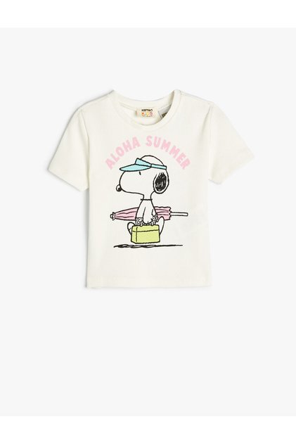 Crop Snoopy T-Shirt Licensed Short Sleeve Crew Neck Cotton