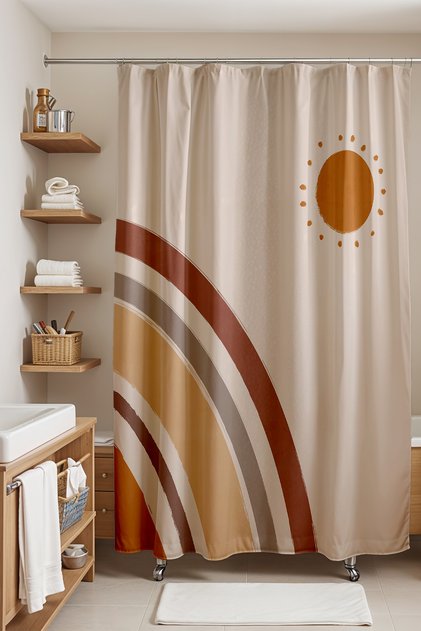 Bathroom Curtain, Bohemian Rainbow and Sun Patterned Shower Curtain, Bathtub Curtain 175X200Cm