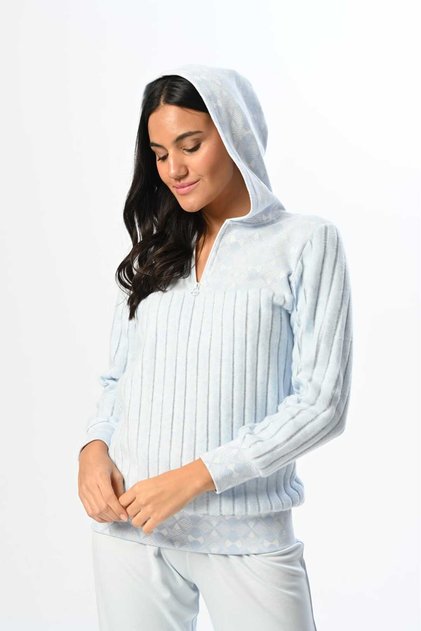 Velvet Fabric Long Sleeve Hooded Women's Pajamas Set