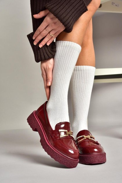 T 996198408 Claret Red Patent Leather Thick Soled Loafer Women's Shoes