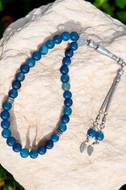 Blue Agate Rosary 33' Luxury Rosary Original Natural Stone Colorfast Agate Men's Rosary