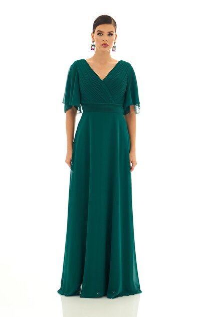 CARMEN Green Chiffon Pleated Long Evening Dress- Trendyol