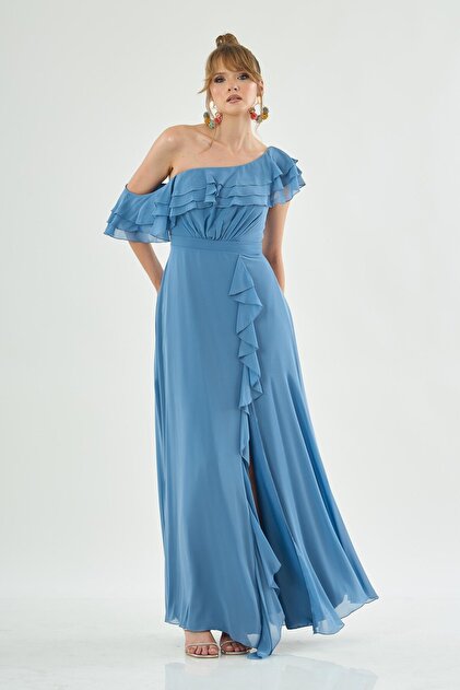 CARMEN Indigo Chiffon Shoulder Flounce Slit Evening Dress- Trendyol