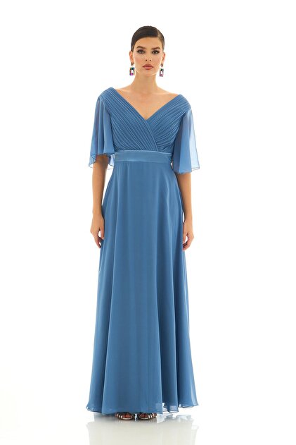 CARMEN Indigo Chiffon Pleated Long Evening Dress- Trendyol