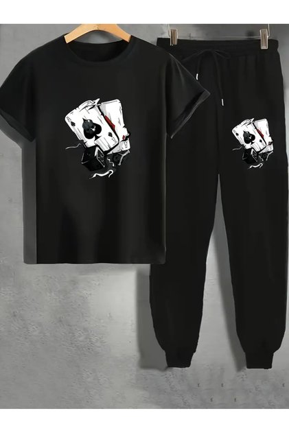 Poker Dice Printed T-Shirt - Jogger T-Shirt Crew Neck Bottom Top Tracksuit Set