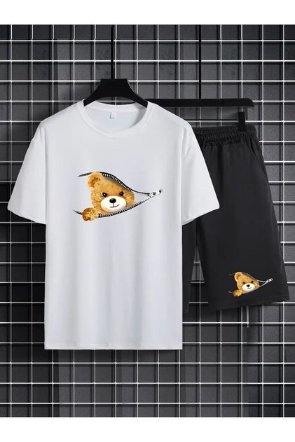 Men's White''Chest Teddy Bear Printed'' Basic Oversize T-Shirt- Shorts Set