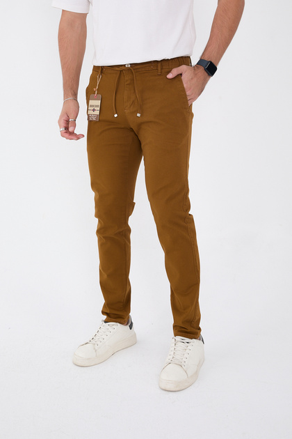 Men's Seasonal Jogger Slimfit Mold Waist Half Elastic Lycra Camel Linen Trousers