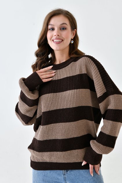 Women's Modest Low Long Sleeve Line Patterned Crew Neck Striped Brown Knitwear Hijab Sweater 6600