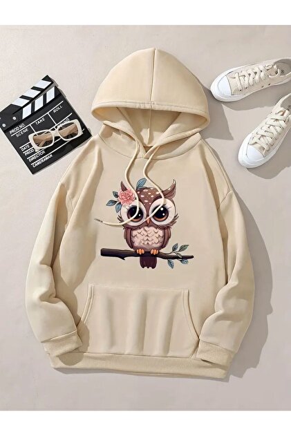 Cute Owl Printed Hooded Pocket 2 Thread Ribbed Sweatshirt