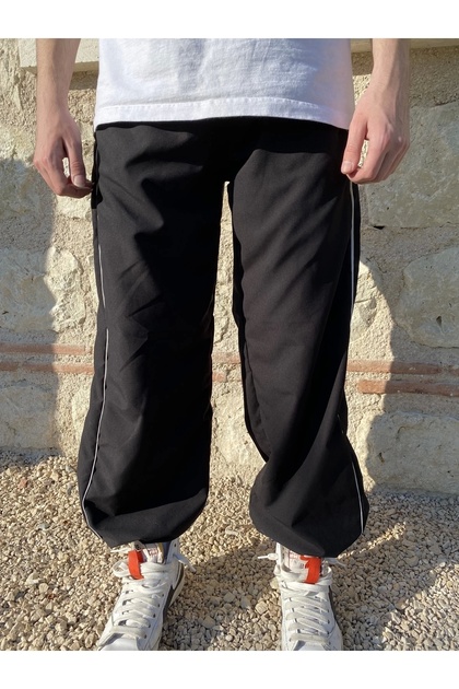 Beyaz Çizgili Baggy Black Loose Pantolon