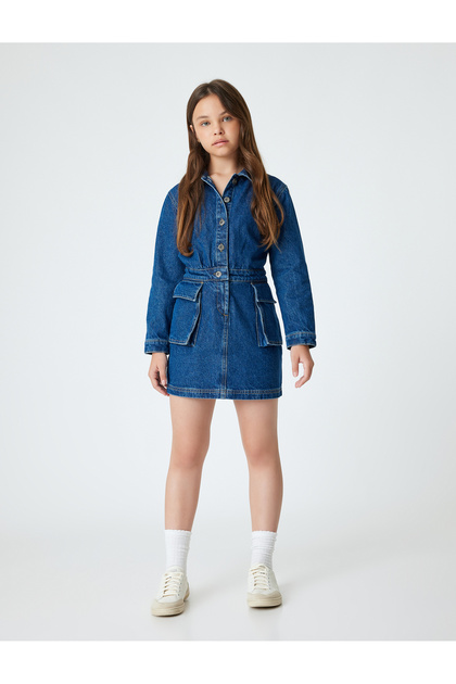 Denim Dress Polo Neck Long Sleeve Flap Pocket Button Detail