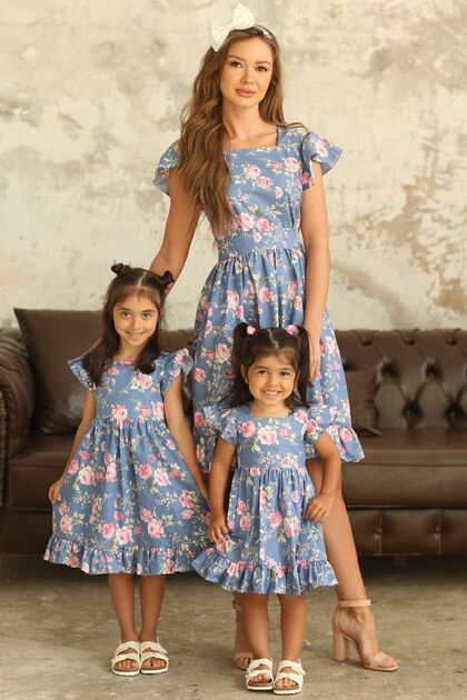 Blue Pink Rose Ruched Waist Butterfly Sleeve Mother-Daughter Outfit (SOLD SEPARATELY)