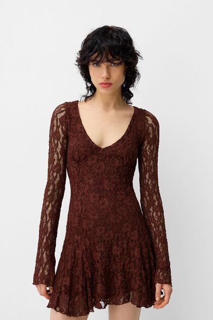 long sleeve semi dresses A-Line Long Sleeves Lotus Leaf Midi Lace Wedding Guest Dress main image 1