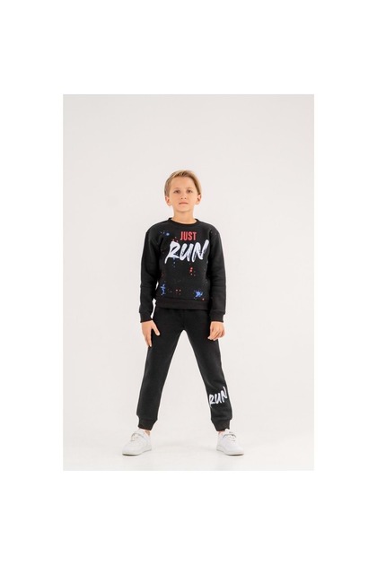 Girls and Boys Three Thread Fabric Medium Thickness Basic Tracksuit Set - Black - 9 Years