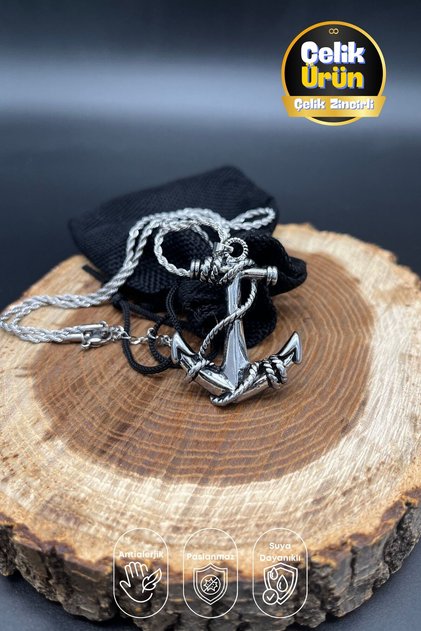 Paslanmaz Çelik Zincirli Çelik Çapa Uçlu Unisex Kolye 3 Mm Kalın Kararmaz Çelik Uzun Çıpa Kolye