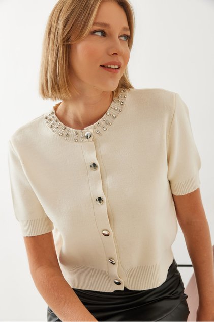 Women's Beige Stone Embroidered Knitwear Cardigan 14314 60351157