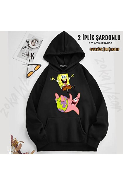 ZOKAWEAR Sünger Bob 2 Baskılı Kapüşonlu Sweatshirt (2 İplik