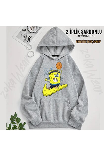 ZOKAWEAR Sünger Bob Sport Baskılı Kapüşonlu Oversize Sweatshirt (2