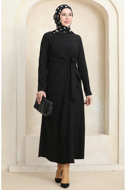 Bürümcük Stoffkleid mit seitlicher Bindung 1017-04 Schwarz