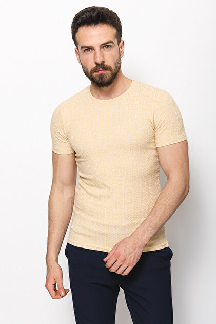 Ανδρικό μπλουζάκι με σχέδιο Slim Fit Crew Neck Camel - 36624.21Y