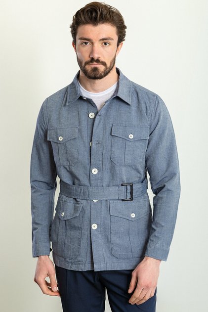 Düz Slim Fit Torba Cep Gömlek Yaka Kemerli Keten Erkek Trenchcoat İndigo - 21272.23Y