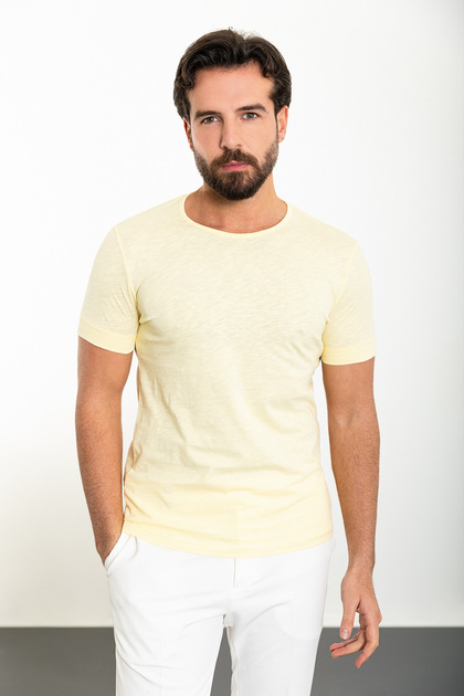 Plain Slim Fit Crew Neck Men's T-Shirt Yellow - 36810.24Y