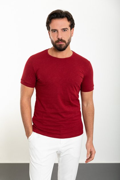 Plain Slim Fit Crew Neck Men's T-Shirt Burgundy - 36810.24Y