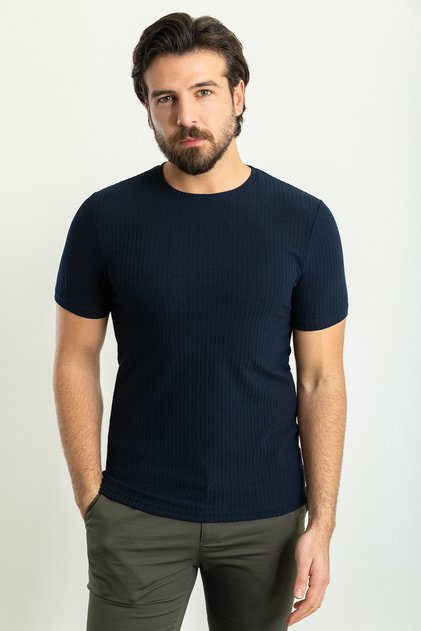 Striped Slim Fit Crew Neck Men's T-Shirt Navy Blue - 36787.23Y