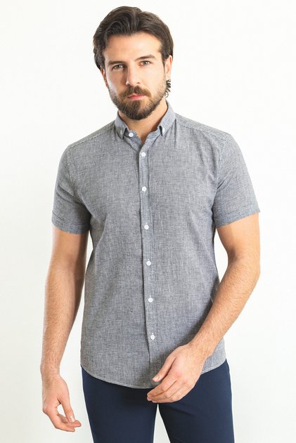 Checked Slim Fit Short Sleeve Linen Men's Shirt Black - 37766.23Y