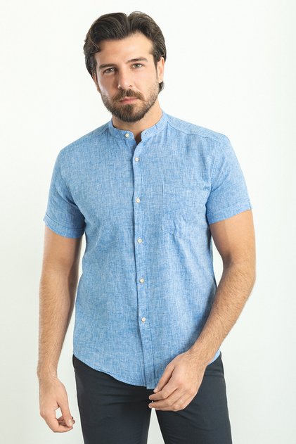 Gray Slim Fit Judge Collar Short Sleeve Linen Men's Shirt Cobalt Blue - 37749.23Y