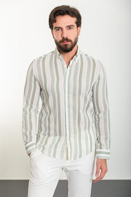 Striped Slim Fit Long Sleeve Men's Shirt White-Green - 37892.24Y