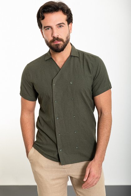 Straight Slim Fit Apache Collar Double Breasted 100% Linen Shirt Khaki - 37872.24Y