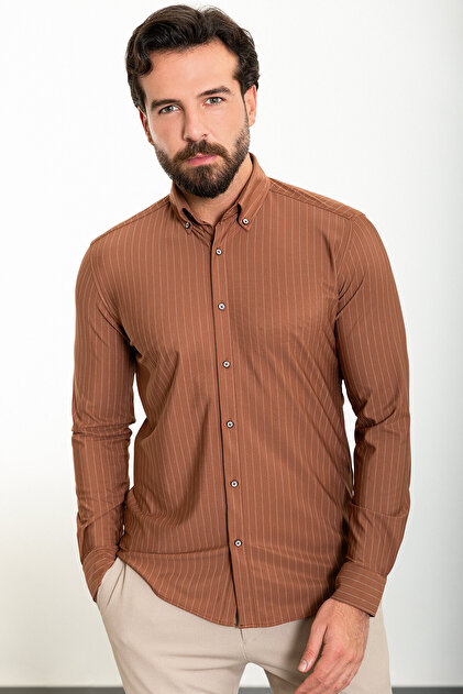 Çizgili Slim Fit Uzun Kollu Erkek Gömlek Kiremit - 37882.24Y