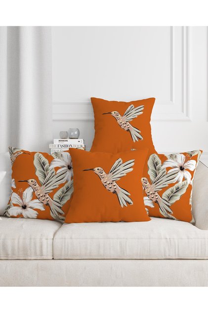 Orange Hibiscus and Bird Patterned Digital Print Decorative 4-Piece Pillow Throw Pillow Cover Set