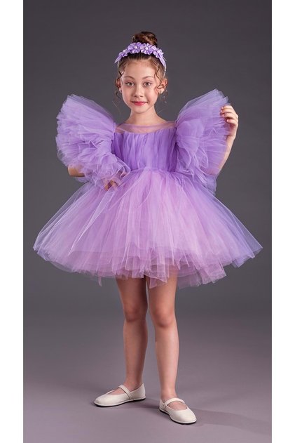 Tutu Skirt Puffy Sleeves Comotini Crowned Girl's Evening Dress MNK0582 LILA