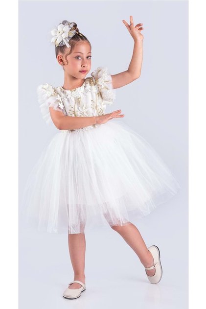 Devojčica Vezena Tutu suknja haljina MNK0578 ECRU